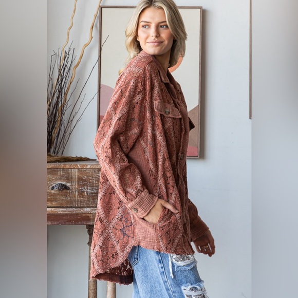 56. Oli & Hali Washed Lace Button Front Shirt in Brown - Picture 2 of 3